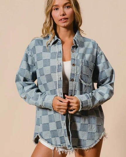 BiBi Frayed Edged Detail Washed Checker Denim Shirt - THE AMERICAN BLUE