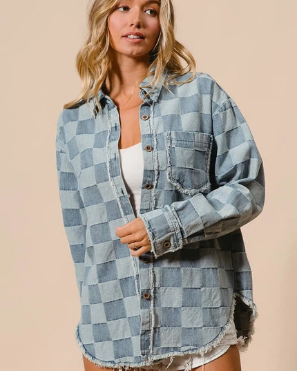 BiBi Frayed Edged Detail Washed Checker Denim Shirt - THE AMERICAN BLUE