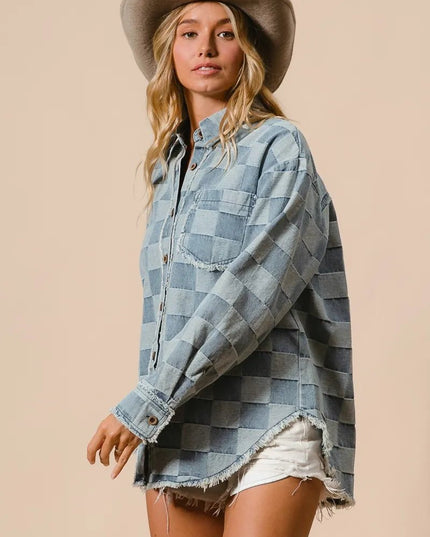 BiBi Frayed Edged Detail Washed Checker Denim Shirt - THE AMERICAN BLUE