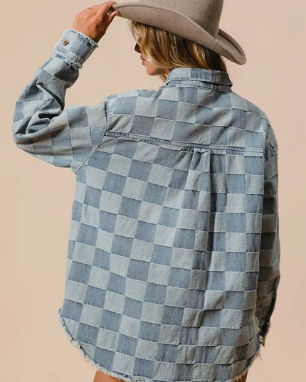 BiBi Frayed Edged Detail Washed Checker Denim Shirt - THE AMERICAN BLUE