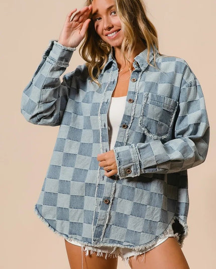 BiBi Frayed Edged Detail Washed Checker Denim Shirt - THE AMERICAN BLUE