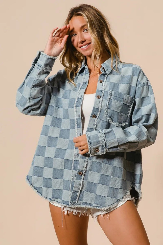 BiBi Frayed Edged Detail Washed Checker Denim Shirt - THE AMERICAN BLUE