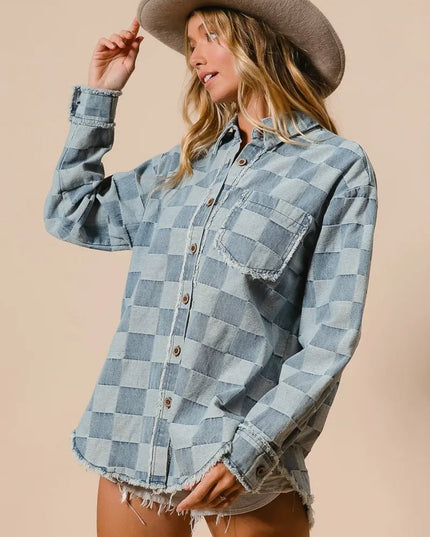 BiBi Frayed Edged Detail Washed Checker Denim Shirt - THE AMERICAN BLUE