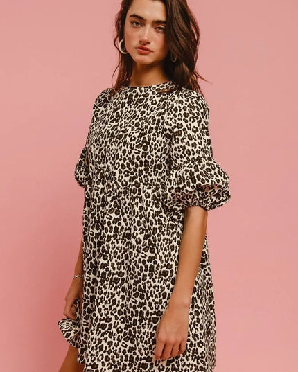 BiBi Leopard Denim Dress With Back Contrast Tie Detail - THE AMERICAN BLUE