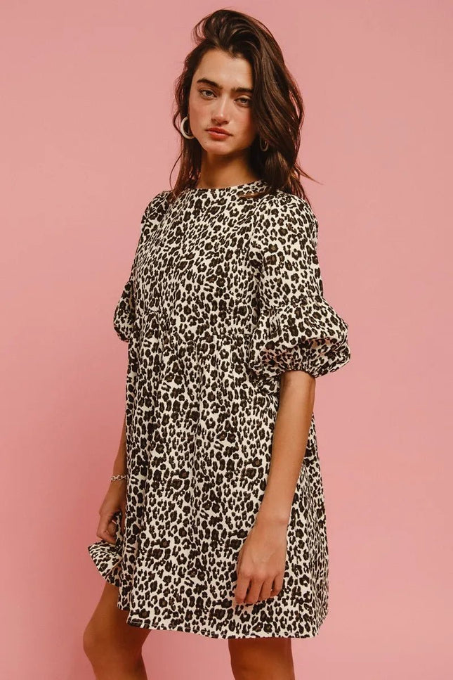 BiBi Leopard Denim Dress With Back Contrast Tie Detail - THE AMERICAN BLUE