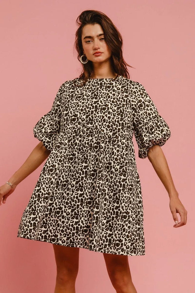 BiBi Leopard Denim Dress With Back Contrast Tie Detail - THE AMERICAN BLUE