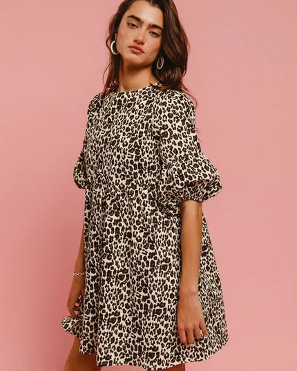 BiBi Leopard Denim Dress With Back Contrast Tie Detail - THE AMERICAN BLUE