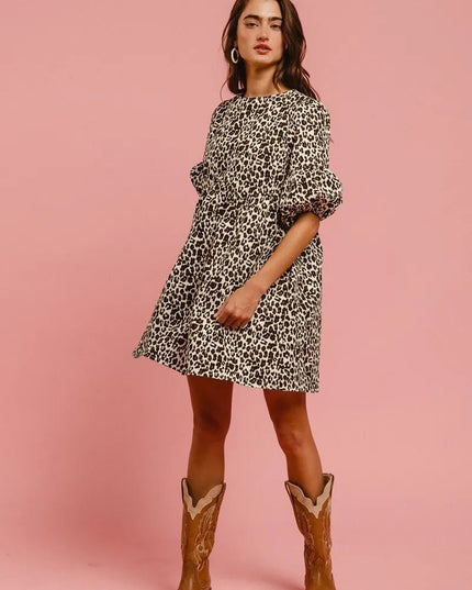 BiBi Leopard Denim Dress With Back Contrast Tie Detail - THE AMERICAN BLUE
