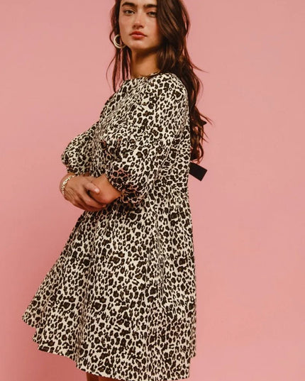 BiBi Leopard Denim Dress With Back Contrast Tie Detail - THE AMERICAN BLUE