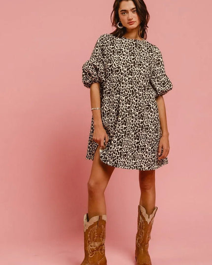 BiBi Leopard Denim Dress With Back Contrast Tie Detail - THE AMERICAN BLUE