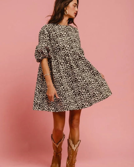 BiBi Leopard Denim Dress With Back Contrast Tie Detail - THE AMERICAN BLUE