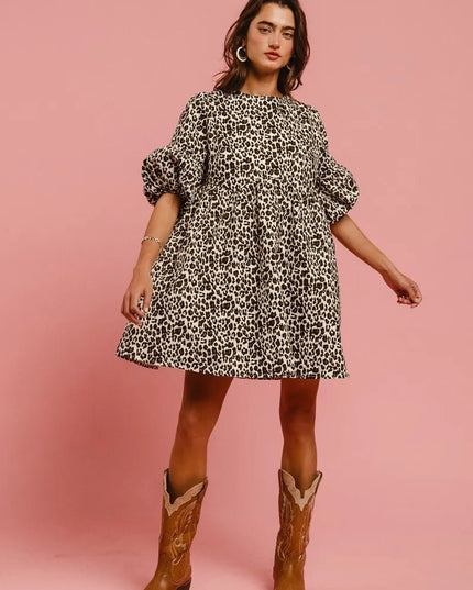 BiBi Leopard Denim Dress With Back Contrast Tie Detail - THE AMERICAN BLUE