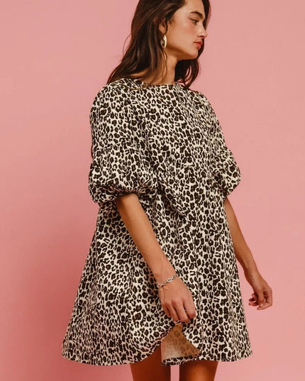 BiBi Leopard Denim Dress With Back Contrast Tie Detail - THE AMERICAN BLUE