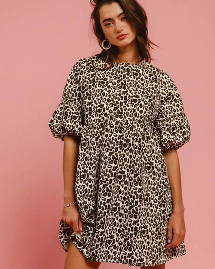 BiBi Leopard Denim Dress With Back Contrast Tie Detail - THE AMERICAN BLUE