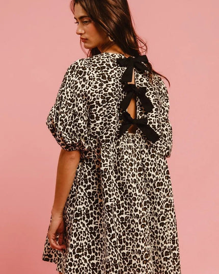 BiBi Leopard Denim Dress With Back Contrast Tie Detail - THE AMERICAN BLUE