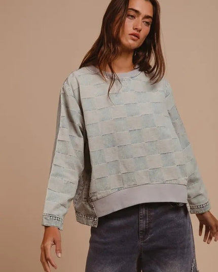 BiBi Mineral Washed Checkered Round Neck Denim Top - THE AMERICAN BLUE
