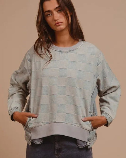 BiBi Mineral Washed Checkered Round Neck Denim Top - THE AMERICAN BLUE