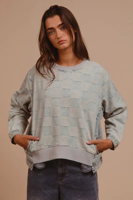 BiBi Mineral Washed Checkered Round Neck Denim Top - THE AMERICAN BLUE