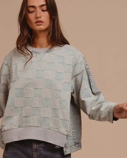 BiBi Mineral Washed Checkered Round Neck Denim Top - THE AMERICAN BLUE