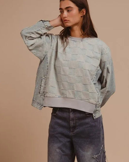 BiBi Mineral Washed Checkered Round Neck Denim Top - THE AMERICAN BLUE