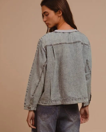 BiBi Mineral Washed Checkered Round Neck Denim Top - THE AMERICAN BLUE