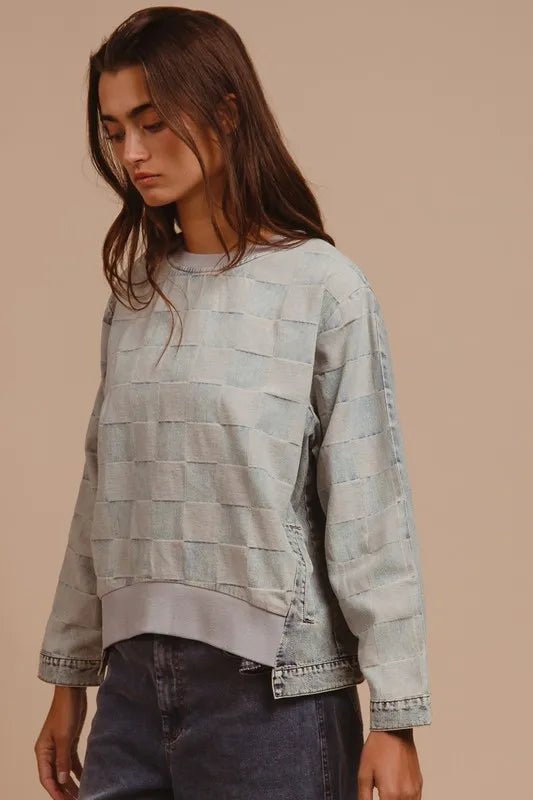 BiBi Mineral Washed Checkered Round Neck Denim Top - THE AMERICAN BLUE