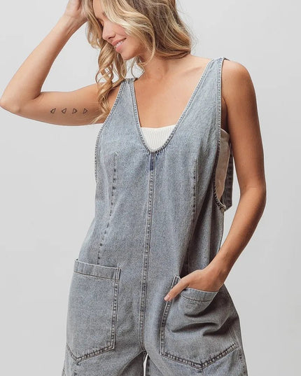 BiBi Patch Vintage Washed Denim Shortall - THE AMERICAN BLUE