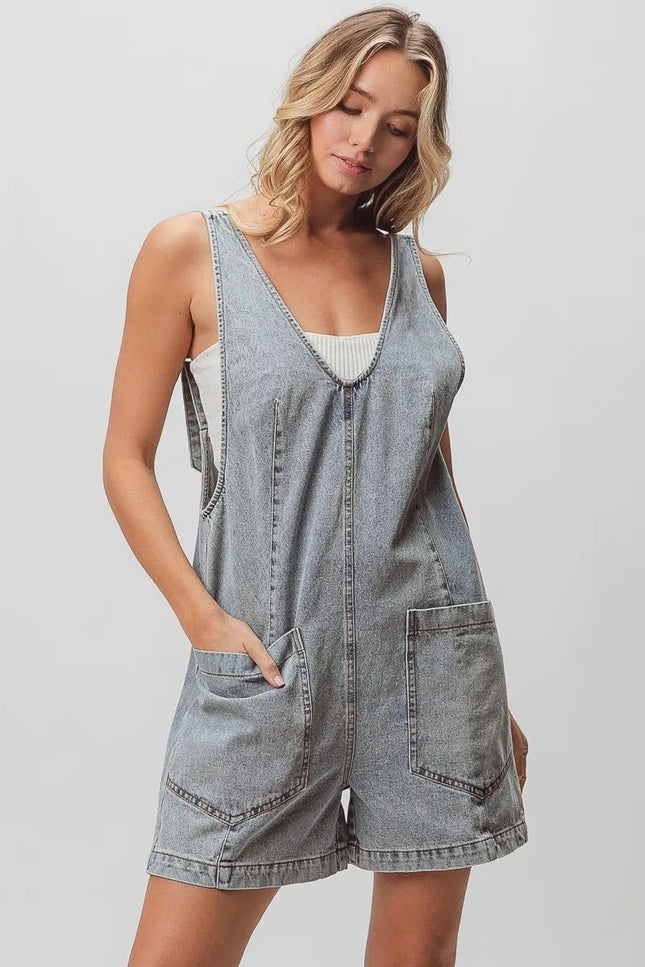 BiBi Patch Vintage Washed Denim Shortall - THE AMERICAN BLUE
