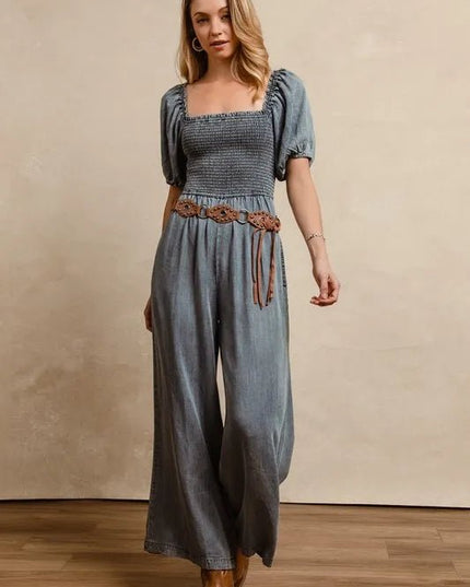 BiBi Smocked Washed Puff Sleeve Square Neck Denim Jumpsuit - THE AMERICAN BLUE