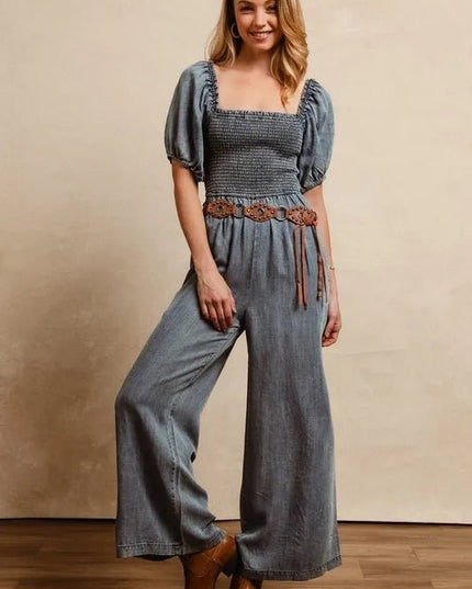 BiBi Smocked Washed Puff Sleeve Square Neck Denim Jumpsuit - THE AMERICAN BLUE