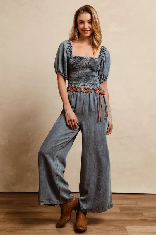 BiBi Smocked Washed Puff Sleeve Square Neck Denim Jumpsuit - THE AMERICAN BLUE