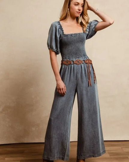BiBi Smocked Washed Puff Sleeve Square Neck Denim Jumpsuit - THE AMERICAN BLUE