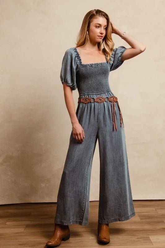 BiBi Smocked Washed Puff Sleeve Square Neck Denim Jumpsuit - THE AMERICAN BLUE