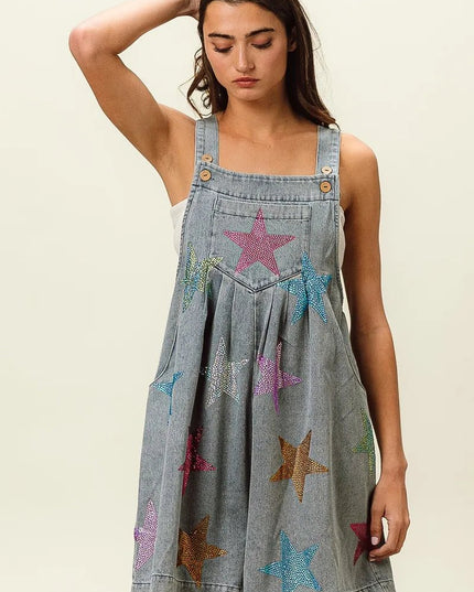 BiBi Star Rhinestone Washed Wide Leg Shortalls - THE AMERICAN BLUE