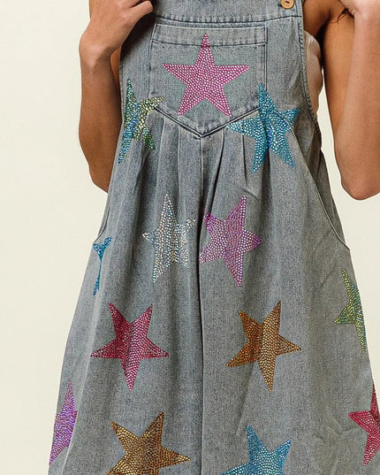 BiBi Star Rhinestone Washed Wide Leg Shortalls - THE AMERICAN BLUE