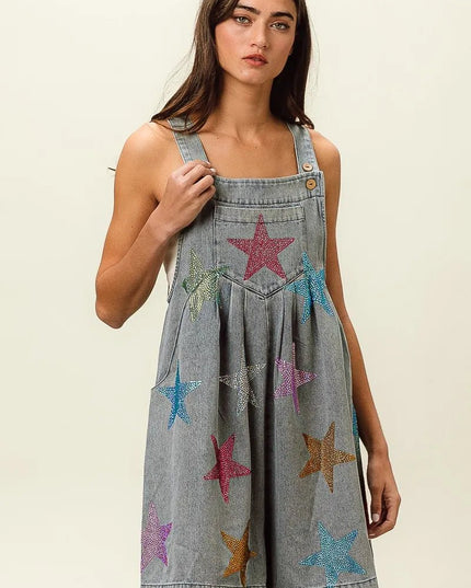 BiBi Star Rhinestone Washed Wide Leg Shortalls - THE AMERICAN BLUE