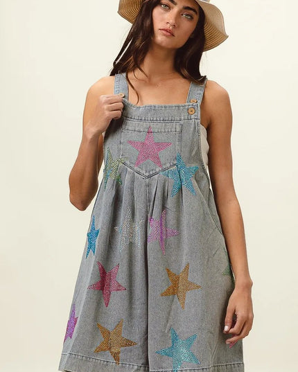 BiBi Star Rhinestone Washed Wide Leg Shortalls - THE AMERICAN BLUE