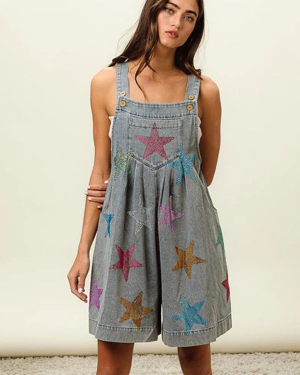 BiBi Star Rhinestone Washed Wide Leg Shortalls - THE AMERICAN BLUE