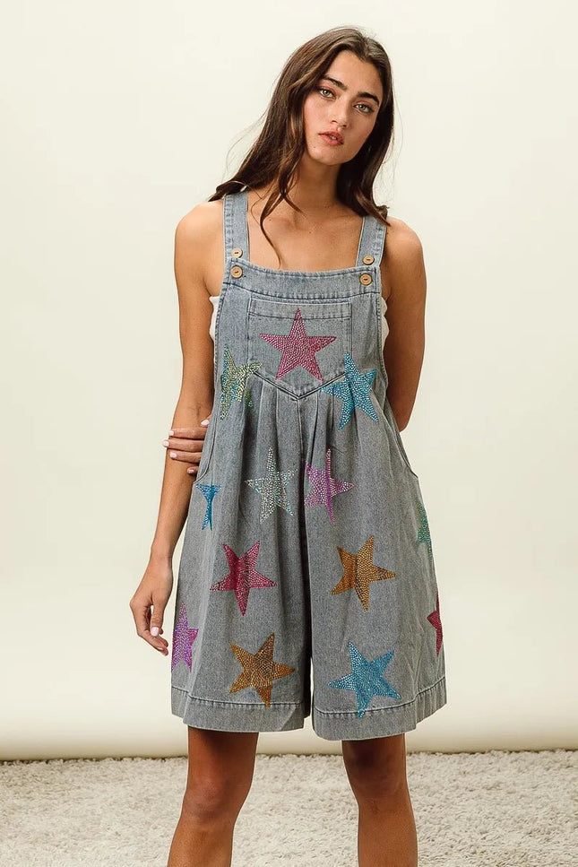 BiBi Star Rhinestone Washed Wide Leg Shortalls - THE AMERICAN BLUE