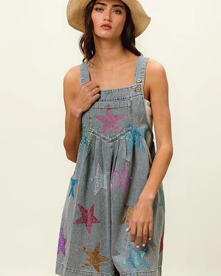 BiBi Star Rhinestone Washed Wide Leg Shortalls - THE AMERICAN BLUE