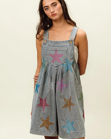 BiBi Star Rhinestone Washed Wide Leg Shortalls - THE AMERICAN BLUE