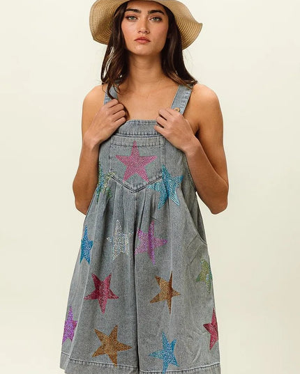 BiBi Star Rhinestone Washed Wide Leg Shortalls - THE AMERICAN BLUE