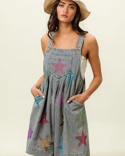 BiBi Star Rhinestone Washed Wide Leg Shortalls - THE AMERICAN BLUE