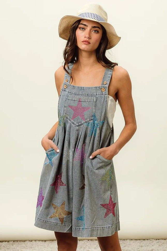 BiBi Star Rhinestone Washed Wide Leg Shortalls - THE AMERICAN BLUE