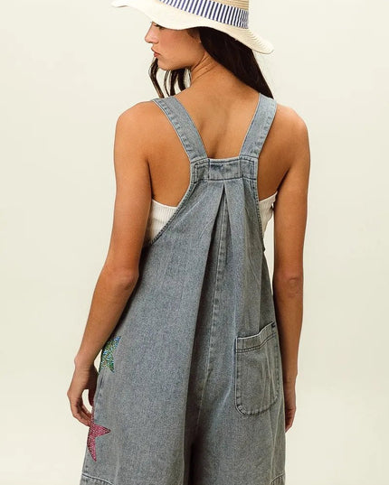 BiBi Star Rhinestone Washed Wide Leg Shortalls - THE AMERICAN BLUE