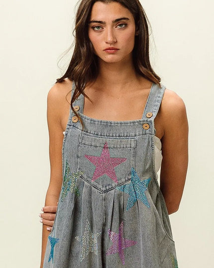 BiBi Star Rhinestone Washed Wide Leg Shortalls - THE AMERICAN BLUE