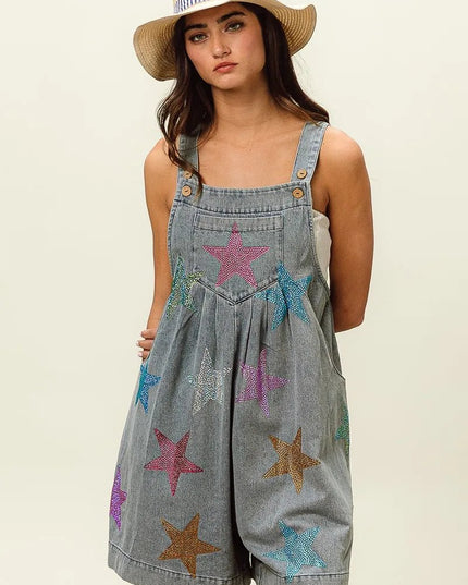 BiBi Star Rhinestone Washed Wide Leg Shortalls - THE AMERICAN BLUE