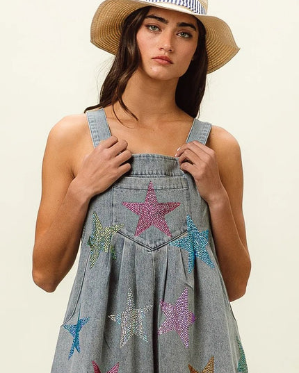 BiBi Star Rhinestone Washed Wide Leg Shortalls - THE AMERICAN BLUE