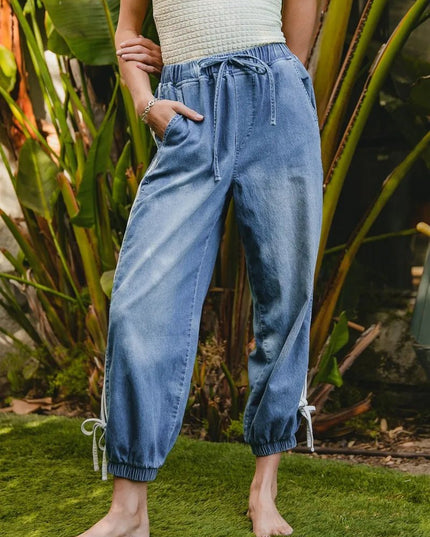 BiBi Striped Tape Details With Bot Tied Point Elastic Waist Jeans - THE AMERICAN BLUE