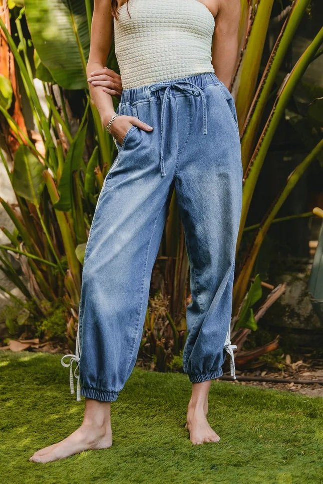 BiBi Striped Tape Details With Bot Tied Point Elastic Waist Jeans - THE AMERICAN BLUE